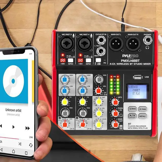 Alt view image 4 of 5 - Studio Audio Sound Mixer Board - 4 Channel Bluetooth Compatible Professional Portable Digital Dj Mixing Console w/ USB Mixer Audio Interface - Mixing Boards For Studio Recording - PylePro PMXU48BT