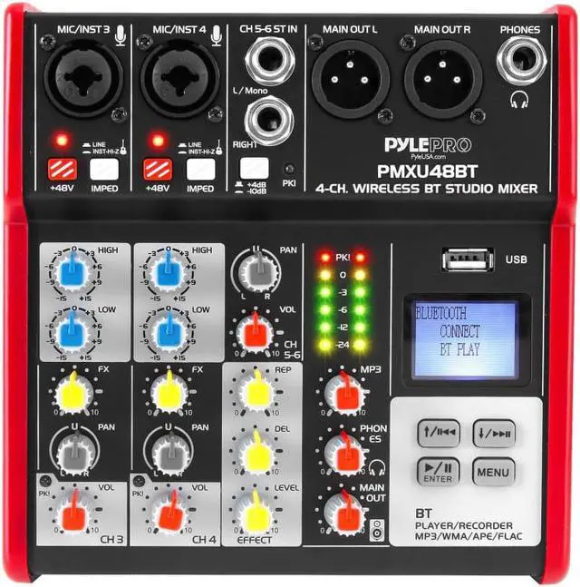 Alt view image 3 of 5 - Studio Audio Sound Mixer Board - 4 Channel Bluetooth Compatible Professional Portable Digital Dj Mixing Console w/ USB Mixer Audio Interface - Mixing Boards For Studio Recording - PylePro PMXU48BT