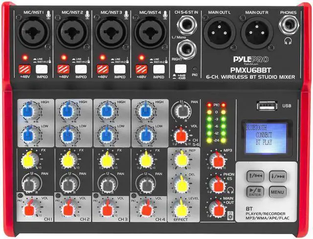 Alt view image 3 of 5 - studio audio sound mixer board  6 channel bluetooth compatible professional portable digital dj mixing console w/ usb mixer audio interface  mixing boards for studio recording  pylepro pmxu68bt