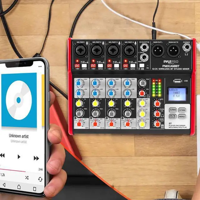 Alt view image 4 of 5 - studio audio sound mixer board  6 channel bluetooth compatible professional portable digital dj mixing console w/ usb mixer audio interface  mixing boards for studio recording  pylepro pmxu68bt