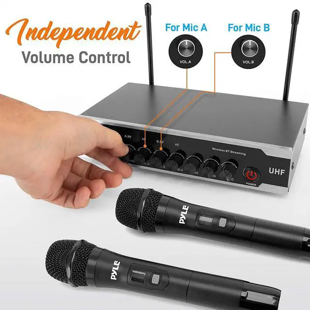 Alt view image 12 of 14 - Portable Uhf Wireless Microphone System - Battery Operated Dual Bluetooth Cordless Microphone Set, Includes 2 Handheld Transmitter Mic, Receiver Base, Aux, Rca, For Pa Karaoke Dj Party - Pyle Pdwm2125