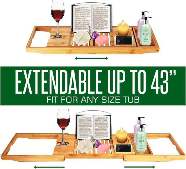Alt view image 6 of 9 - SereneLife Luxury Bamboo Bathtub Shower Caddy Tray Organizer with Wine Holder