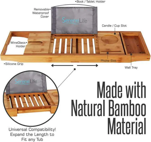 Alt view image 5 of 9 - SereneLife Luxury Bamboo Bathtub Shower Caddy Tray Organizer with Wine Holder