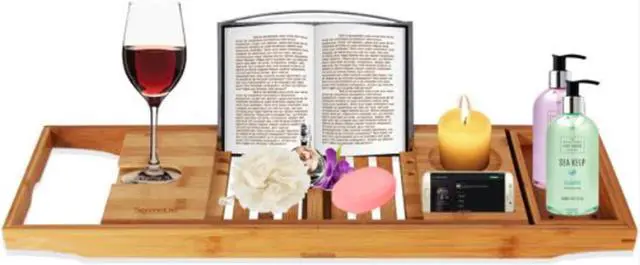 Main image of SereneLife Luxury Bamboo Bathtub Shower Caddy Tray Organizer with Wine Holder