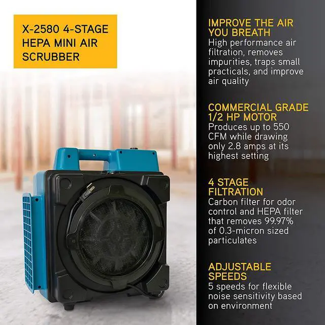 Alt view image 2 of 13 - XPOWER X-2580 Professional 4 Stage HEPA Mini Air Scrubber w/ Carbon Filter, Blue