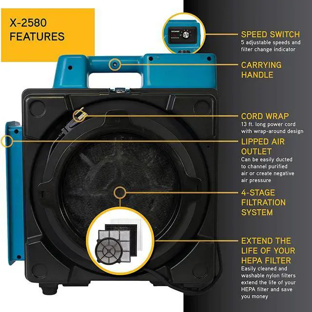 Alt view image 3 of 13 - XPOWER X-2580 Professional 4 Stage HEPA Mini Air Scrubber w/ Carbon Filter, Blue