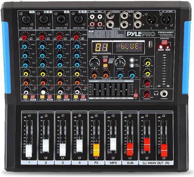Alt view image 9 of 20 - 4channel bluetooth studio audio mixer  dj sound controller interface with usb drive for pc recording input, xlr microphone jack, 48v power, input/output for professional and beginners  pmxu46bt