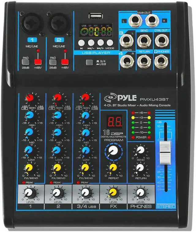 Alt view image 9 of 13 - Pyle Professional Audio Mixer Sound Board Console System Interface 4 Channel Digital USB Bluetooth MP3 Computer Input 48V Phantom Power Stereo DJ Studio Streaming FX 16-Bit DSP processor - (PMXU43BT)