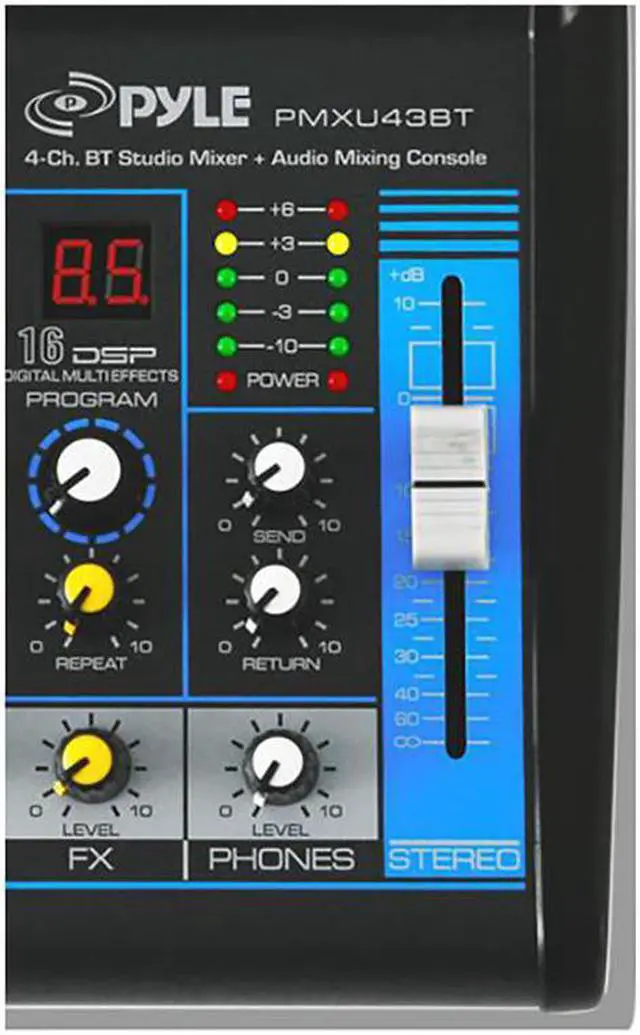 Alt view image 11 of 13 - Pyle Professional Audio Mixer Sound Board Console System Interface 4 Channel Digital USB Bluetooth MP3 Computer Input 48V Phantom Power Stereo DJ Studio Streaming FX 16-Bit DSP processor - (PMXU43BT)