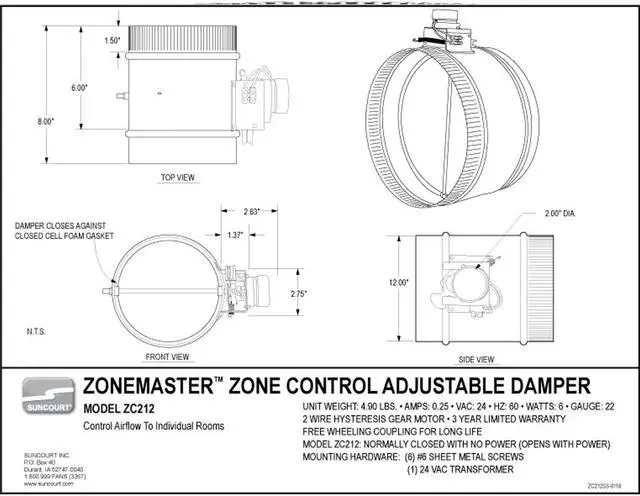 Alt view image 4 of 7 - Suncourt ZC212 ZoneMaster 12 In Adjustable Angle Normally Closed Airflow Damper