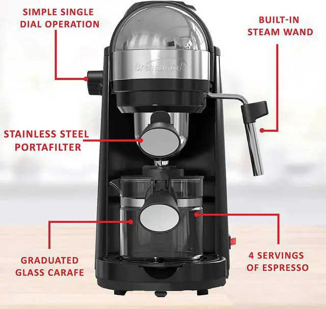Alt view image 5 of 20 - Brentwood 800 Watt Cappuccino Brewer and Espresso Maker w/ Frothing Wand, Black