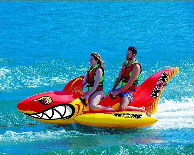 Alt view image 9 of 9 - WOW Watersports Inflatable Big Shark 2 Person Towable Boating Tube w/ Handles