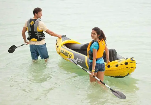 Alt view image 7 of 7 - Intex Explorer K2 Yellow 2 Person Inflatable Kayak with Oars & Air Pump (2 Pack)