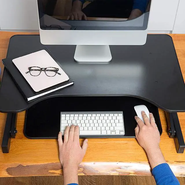 Alt view image 8 of 8 - Basic Height Adjustable Stand Up Desk Riser  32"W  Pull-Out Keyboard Tray  Black - R ADRB