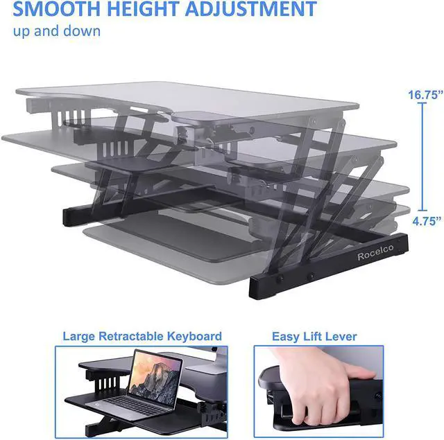 Alt view image 6 of 8 - Basic Height Adjustable Stand Up Desk Riser  32"W  Pull-Out Keyboard Tray  Black - R ADRB