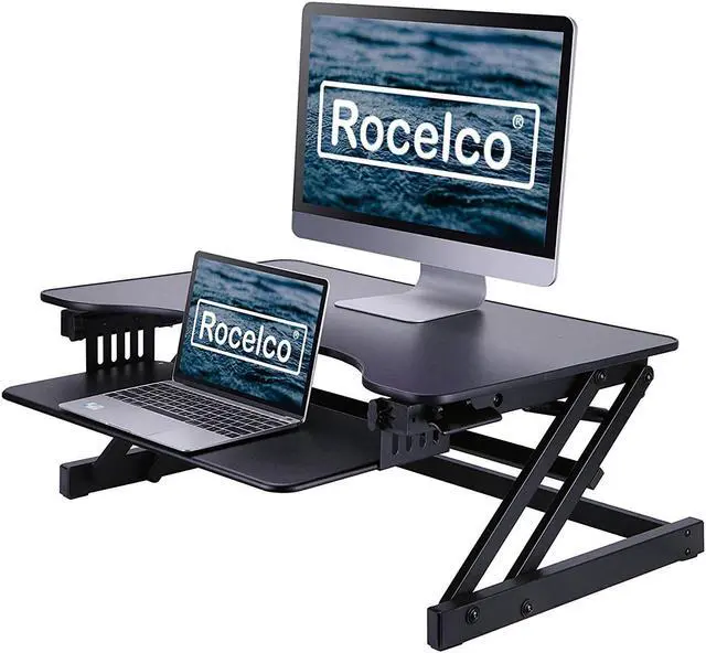 Alt view image 5 of 8 - Basic Height Adjustable Stand Up Desk Riser  32"W  Pull-Out Keyboard Tray  Black - R ADRB