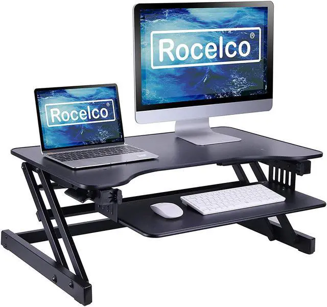 Alt view image 2 of 8 - Basic Height Adjustable Stand Up Desk Riser  32"W  Pull-Out Keyboard Tray  Black - R ADRB