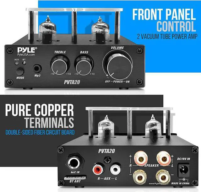 Alt view image 9 of 14 - Bluetooth Tube Amplifier Stereo Receiver - 600W Home Audio Desktop Stereo Vacuum Tube Power Amplifier Receiver w/ 2 Vacuum Tubes, AUX/MP3/Microphone Inputs, Pure Copper Speaker Output - Pyle PVTA20