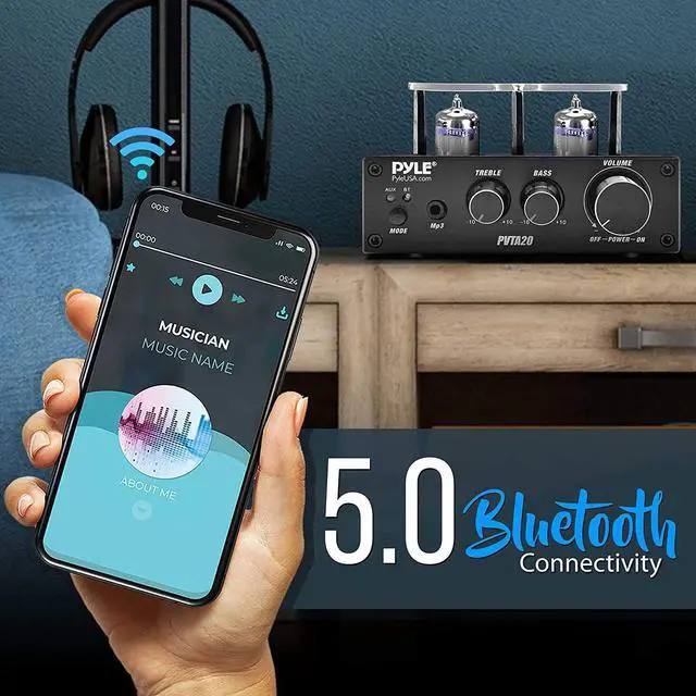 Alt view image 12 of 14 - Bluetooth Tube Amplifier Stereo Receiver - 600W Home Audio Desktop Stereo Vacuum Tube Power Amplifier Receiver w/ 2 Vacuum Tubes, AUX/MP3/Microphone Inputs, Pure Copper Speaker Output - Pyle PVTA20