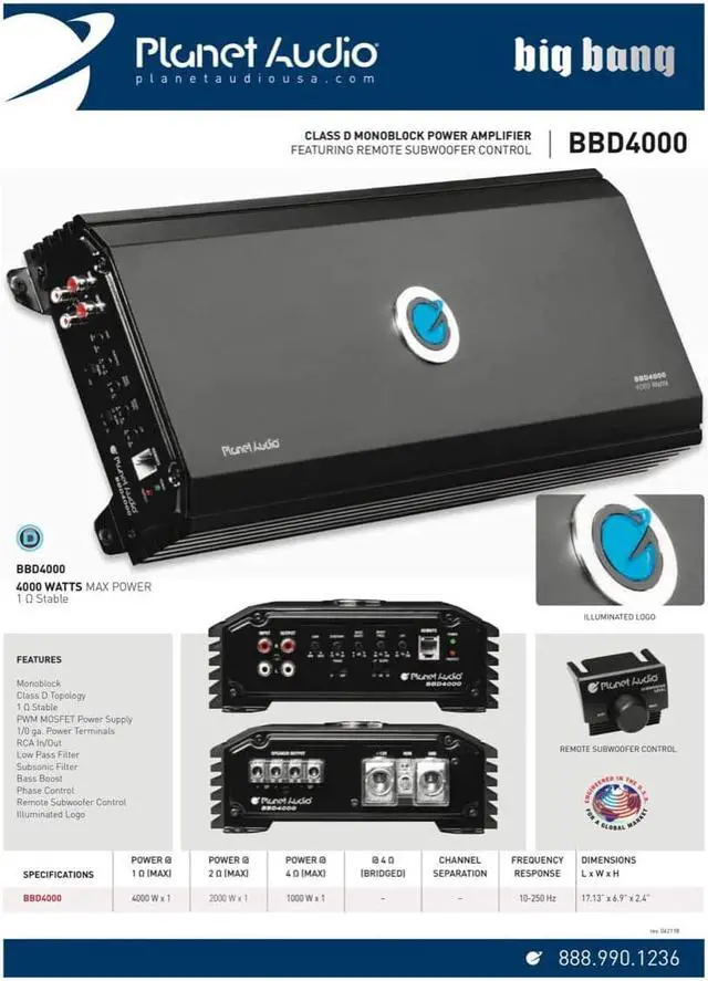 Alt view image 12 of 15 - PLANET AUDIO BBD4000.1 Big Bang 4,000W Class D Mono Block Amp