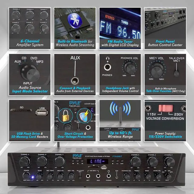 Alt view image 6 of 9 - Pyle PTA66BT Bluetooth Home Audio 600 Watt 6 Channel Amplifier Stereo Receiver