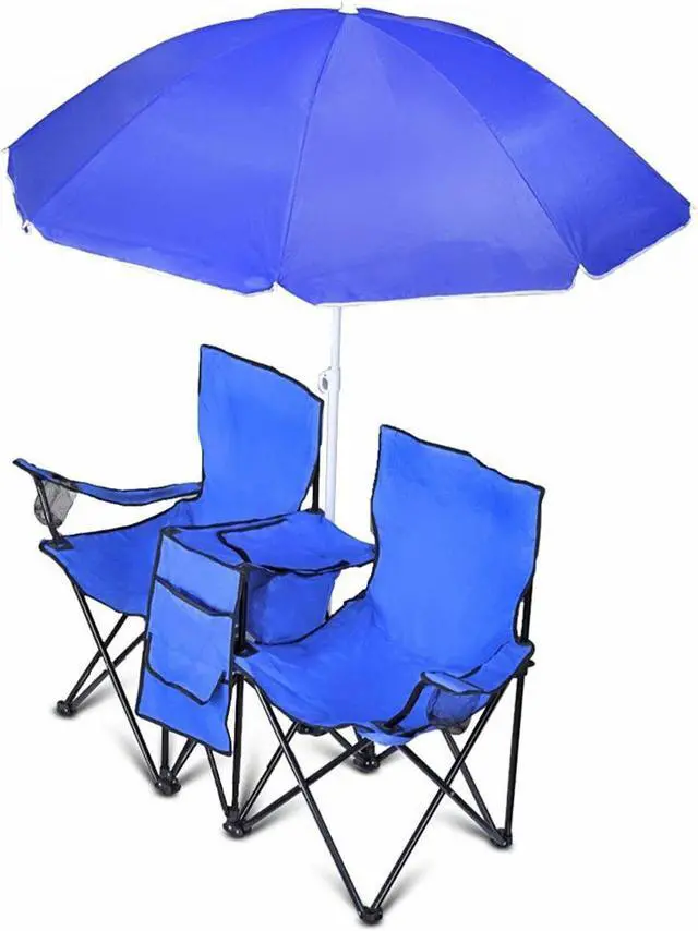 Alt view image 9 of 13 - GoTeam Portable Double Folding Chair w/Removable Umbrella, Cooler Bag and Carry Case - Blue