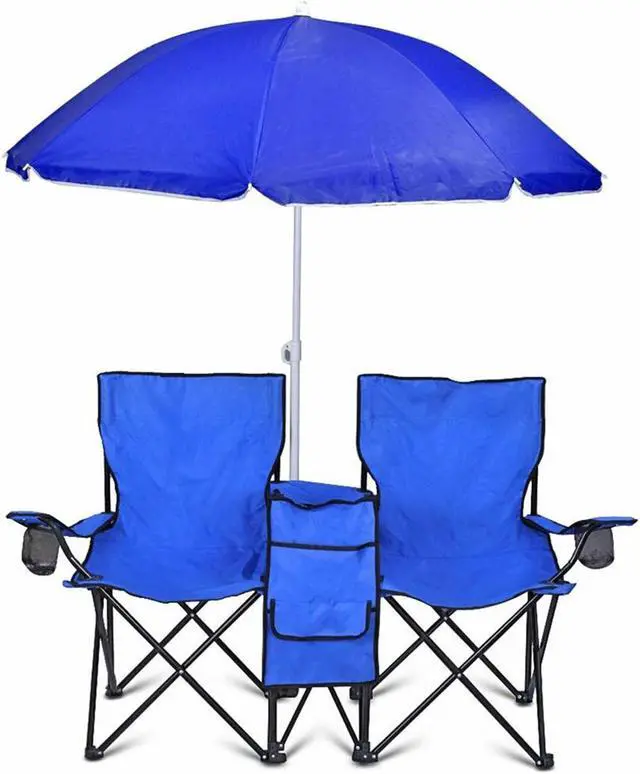 Alt view image 7 of 13 - GoTeam Portable Double Folding Chair w/Removable Umbrella, Cooler Bag and Carry Case - Blue