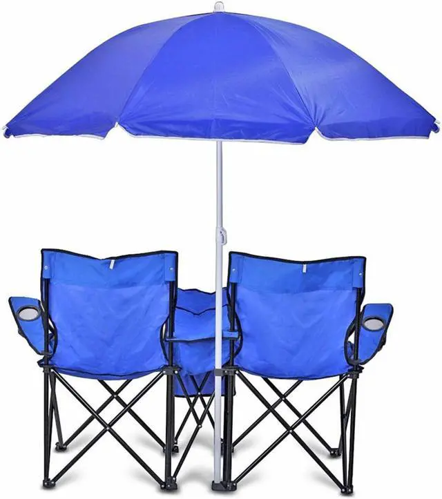 Alt view image 8 of 13 - GoTeam Portable Double Folding Chair w/Removable Umbrella, Cooler Bag and Carry Case - Blue