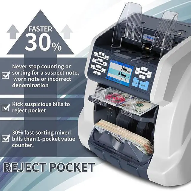 Alt view image 9 of 14 - Ribao BCS-160 Two-Pocket Mixed Denomination Money Counter, 2 Year Warranty, Bank Grade Counterfeit Detection Serial Number Record Multi Currency Cash Bill Counter & Sorter