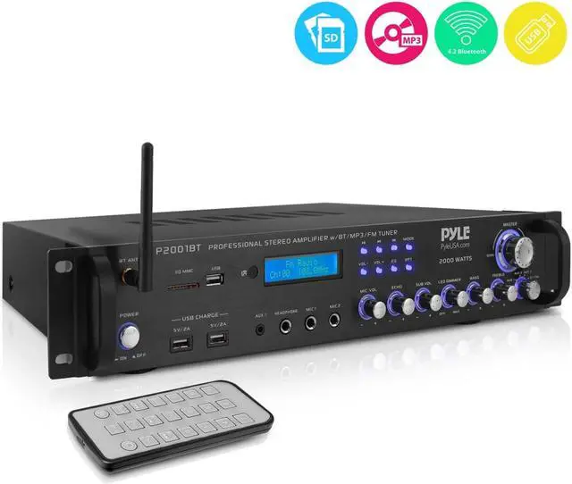 Alt view image 2 of 10 - multi channel bluetooth preamplifier receiver  2000 watt audio home speaker sound stereo receiver w/radio, usb, headphone, aux, rca, dual microphone w/echo, led, wireless streaming  pyle p2001bt