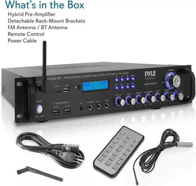 Alt view image 3 of 10 - multi channel bluetooth preamplifier receiver  2000 watt audio home speaker sound stereo receiver w/radio, usb, headphone, aux, rca, dual microphone w/echo, led, wireless streaming  pyle p2001bt