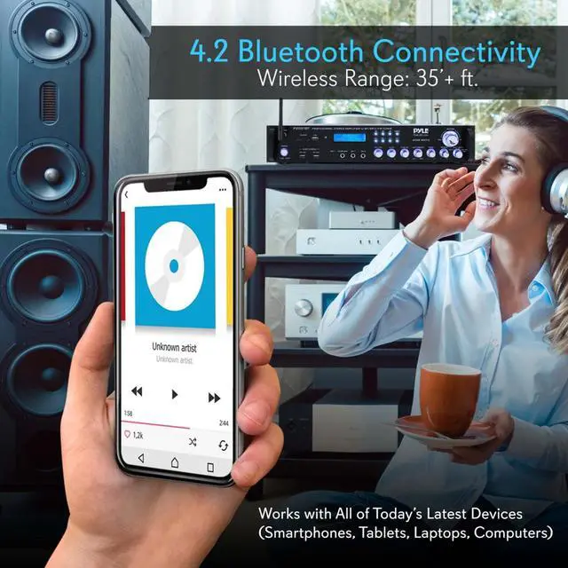 Alt view image 4 of 10 - multi channel bluetooth preamplifier receiver  2000 watt audio home speaker sound stereo receiver w/radio, usb, headphone, aux, rca, dual microphone w/echo, led, wireless streaming  pyle p2001bt