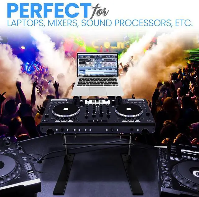 Alt view image 9 of 11 - pyle portable dual laptop stand  universal standing table with adjustable height, ergonomic design & antislip prongs for dj mixer, sound equipment, workstation, gaming & home use  plpts38