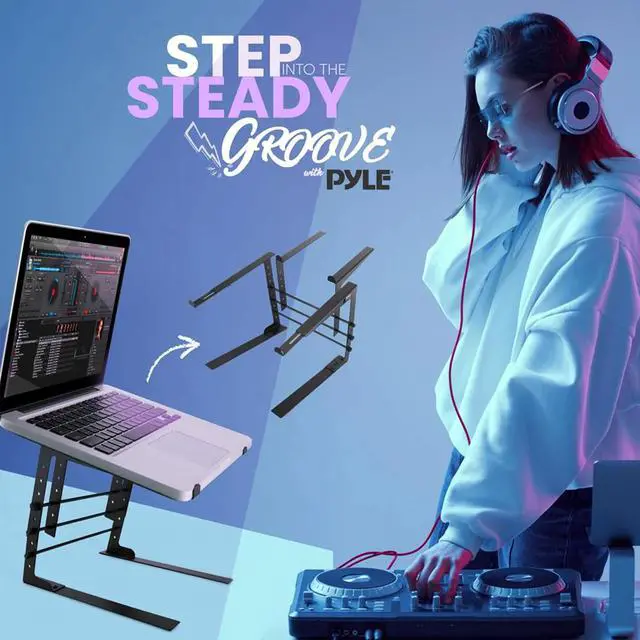 Alt view image 11 of 11 - pyle portable dual laptop stand  universal standing table with adjustable height, ergonomic design & antislip prongs for dj mixer, sound equipment, workstation, gaming & home use  plpts38