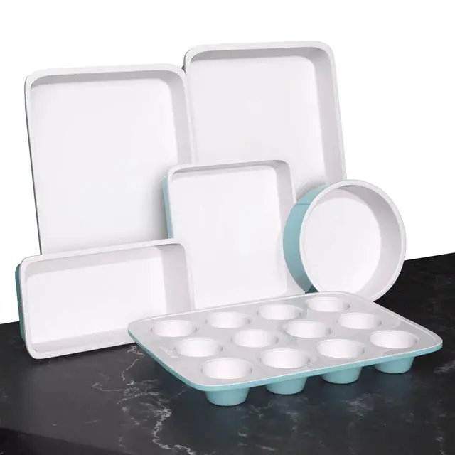 Alt view image 2 of 8 - NutriChef 6 Piece Non Stick Kitchen Oven Stackable Ceramic Baking Pan Set, Green