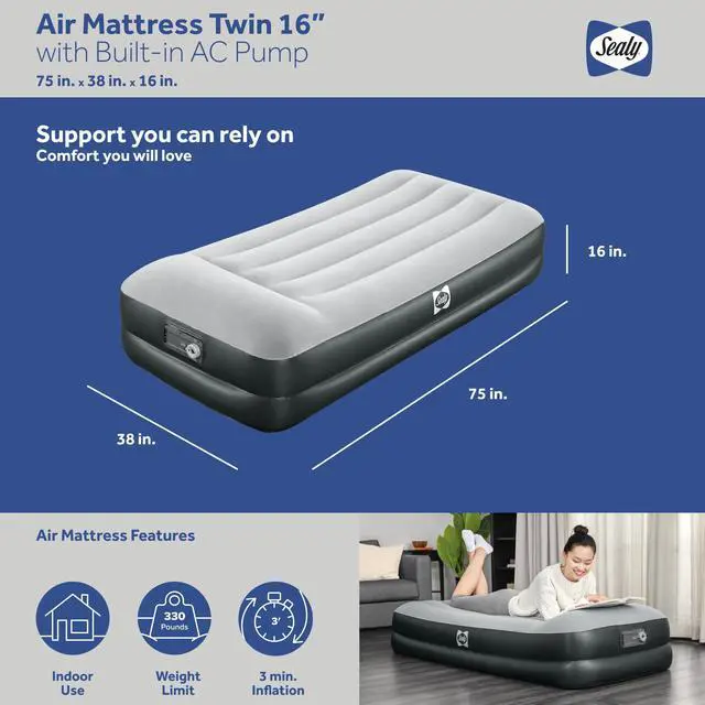 Alt view image 4 of 7 - SereneLife Full Size Inflatable Premium Airbed Flocked Mattress w/ Internal Pump