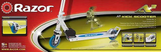 Alt view image 10 of 11 - Razor A2 Kids/Boys Folding Aluminum  Kick Scooter w/ Wheelie Bar - Blue