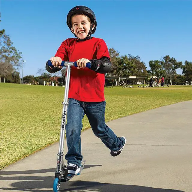 Alt view image 9 of 11 - Razor A2 Kids/Boys Folding Aluminum  Kick Scooter w/ Wheelie Bar - Blue