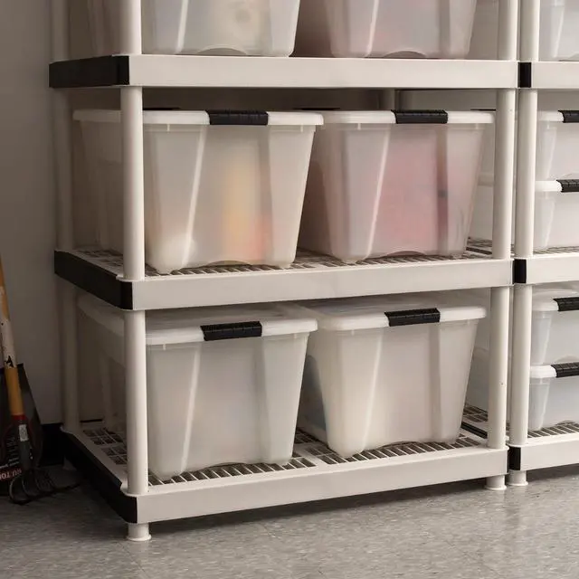 Alt view image 4 of 10 - IRIS USA 54 Qt Stackable Plastic Storage Bins with Lids, 6 Pack - BPA-Free, Made in USA - Discreet Organizing Solution, Latches, Durable Nestable Containers, Secure Pull Handle - Pearl
