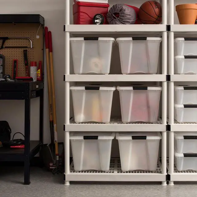 Alt view image 5 of 10 - IRIS USA 54 Qt Stackable Plastic Storage Bins with Lids, 6 Pack - BPA-Free, Made in USA - Discreet Organizing Solution, Latches, Durable Nestable Containers, Secure Pull Handle - Pearl