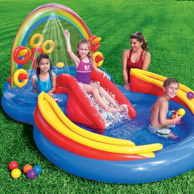 Alt view image 3 of 20 - Intex 9.75 x 6.3 Foot Rainbow Slide Inflatable Pool and Water Slide Ring Center