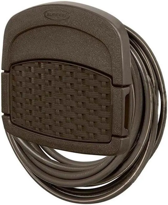 Alt view image 3 of 16 - Suncast Hangout 150 Foot Resin Wicker Mounted Garden Storage Hose Rack, Brown