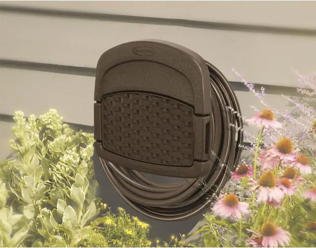 Alt view image 5 of 16 - Suncast Hangout 150 Foot Resin Wicker Mounted Garden Storage Hose Rack, Brown