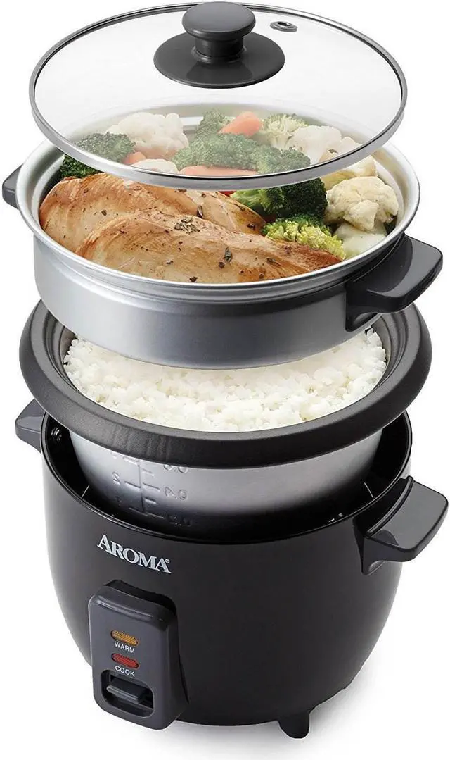 Alt view image 5 of 8 - Aroma 6 Cup Cooked White Pot Style Rice Cooker & Food Steamer, Black