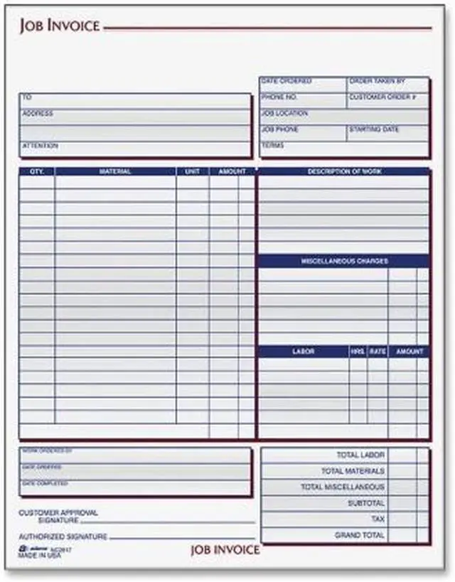 Adams Job Invoice Forms 2-Part Corbels 100 St./BK 8-1/2"x11-7/16 ...