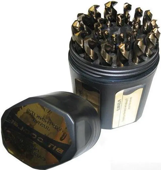 Main image of Drill America D/A29J-CO-PC 29 Piece Cobalt Steel Jobber Length Drill Bit Set in Plastic Case, Gold Oxide Finish, Round Shank, Spiral Flute, 135 Degrees Split Point (Pack of 1)