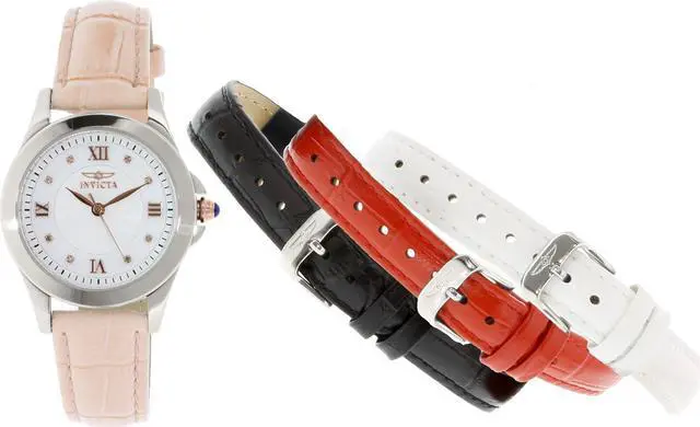 Alt view image 6 of 14 - Invicta 12544 Women's Diamond Angel Pink Genuine Leather White And White Mop Dial Ss Watch