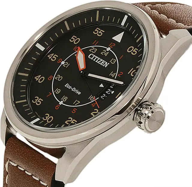 Alt view image 12 of 19 - Citizen AW1361-10H Men's Avion Eco-Drive Charcoal Dial Brown Leather Strap Watch