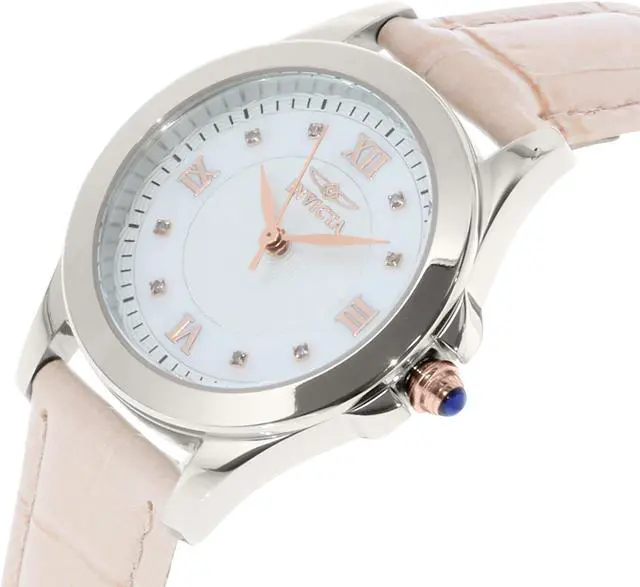 Alt view image 9 of 14 - Invicta 12544 Women's Diamond Angel Pink Genuine Leather White And White Mop Dial Ss Watch