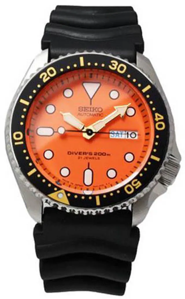 Main image of Seiko SKX011J1 Stainless Steel Automatic Diver Orange Dial Black Rubber Strap